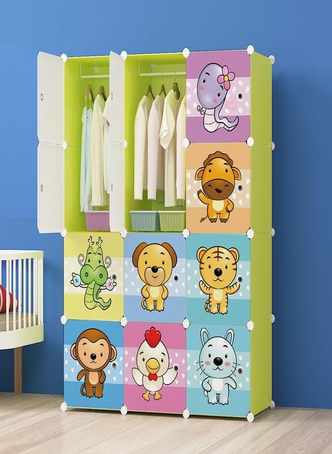 LUHI Almirah for Clothes,Plastic Soft Sheet Collapsible Wardrobe for Clothes for Kids Clothes/Toy/Book, Baby Cupboard for Clothes Storage in Bedroom Nursery,Cartoon (Zodiac Green, 12-Shelf-12-Door) - Image 3